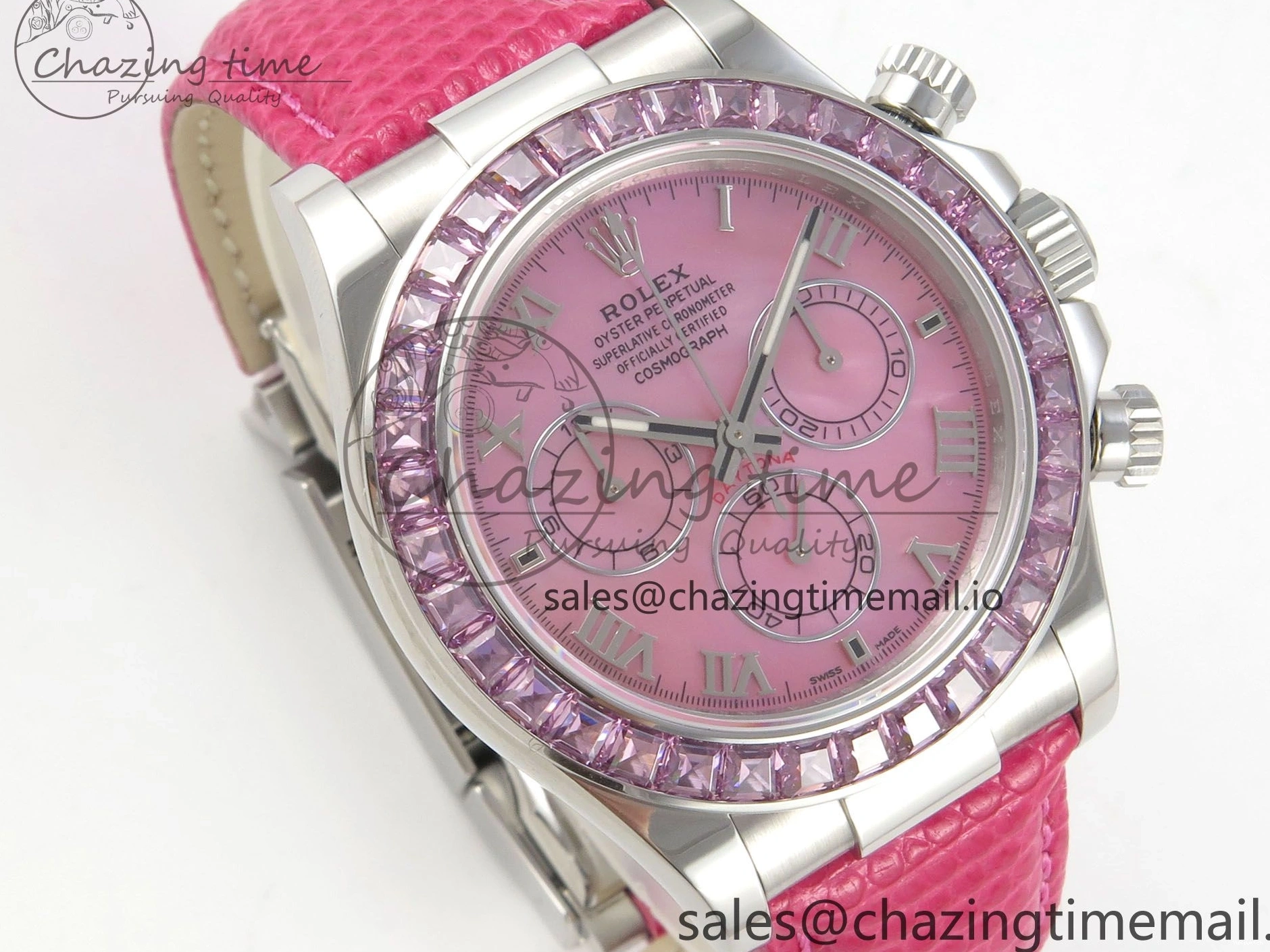 MPF Pink Daytona Bezel Dial Leather on Diamonds Modded 40mm SA4801 Custom Strap Pink 0513